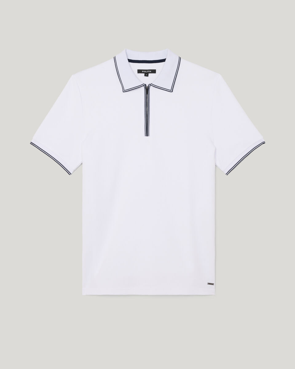 Textured Zip Collar Polo, White, hi-res